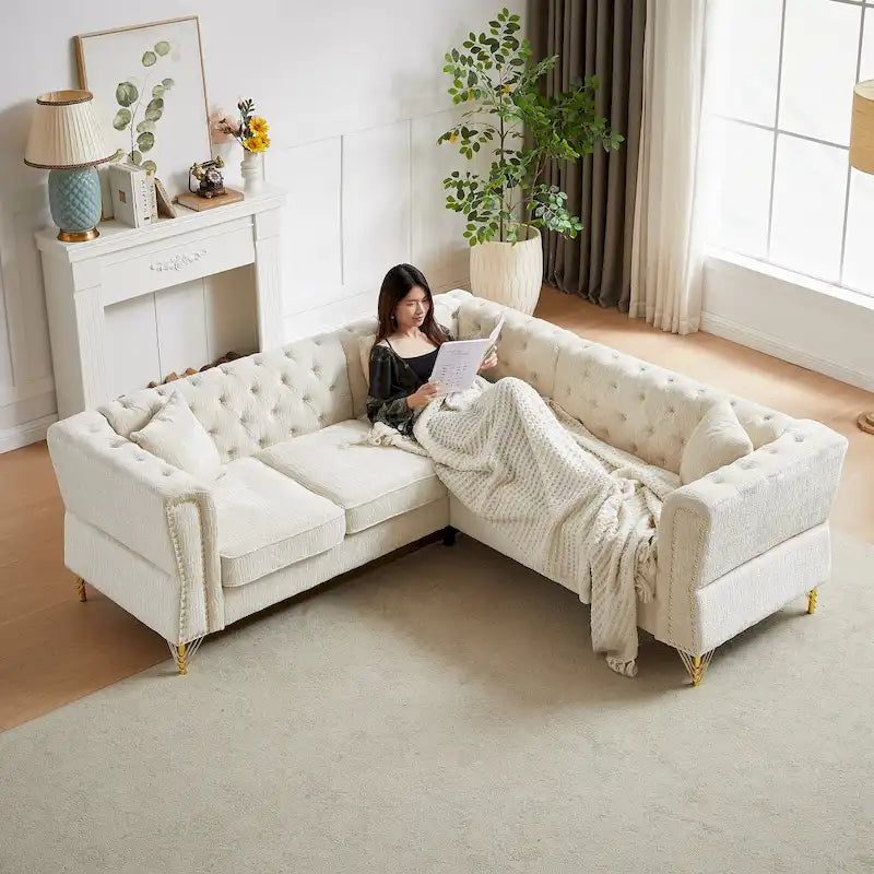 81.5 Chesterfield Chenille L-Shaped Corner Sectional Sofa with Tufted Backrest