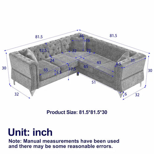 81.5 Chesterfield Chenille L-Shaped Corner Sectional Sofa with Tufted Backrest
