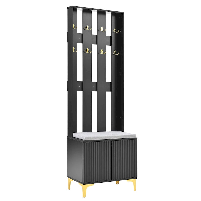 4-in-1 Hall Tree with Cushion, Coat Rack with 8 Gold Hooks and Legs, Entryway Bench with Adjustable Shelves & Fluted Doors