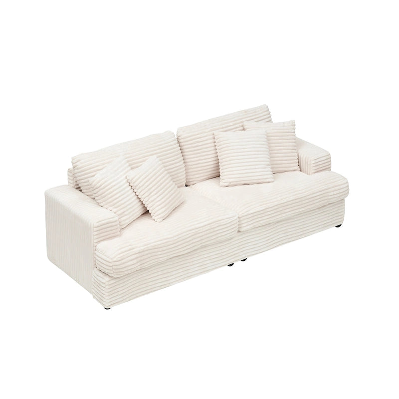 White 79.3 Corduroy 3-Seater Sofa with 4 Toss Pillows, Spring Cushion
