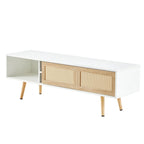 White 55.12 TV Stand with Sliding Doors, Wood Legs & Adjustable Shelf