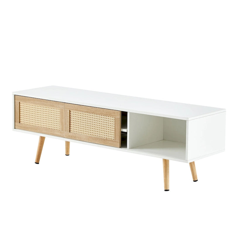 White 55.12 TV Stand with Sliding Doors, Wood Legs & Adjustable Shelf