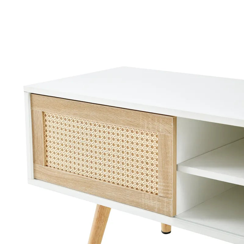 White 55.12 TV Stand with Sliding Doors, Wood Legs & Adjustable Shelf