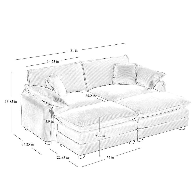Beige 4-piece Corduroy Upholstered Modular Sleeper Sectional Sofa with 2 Removable Ottoman and 4 Pillows, Free Combination