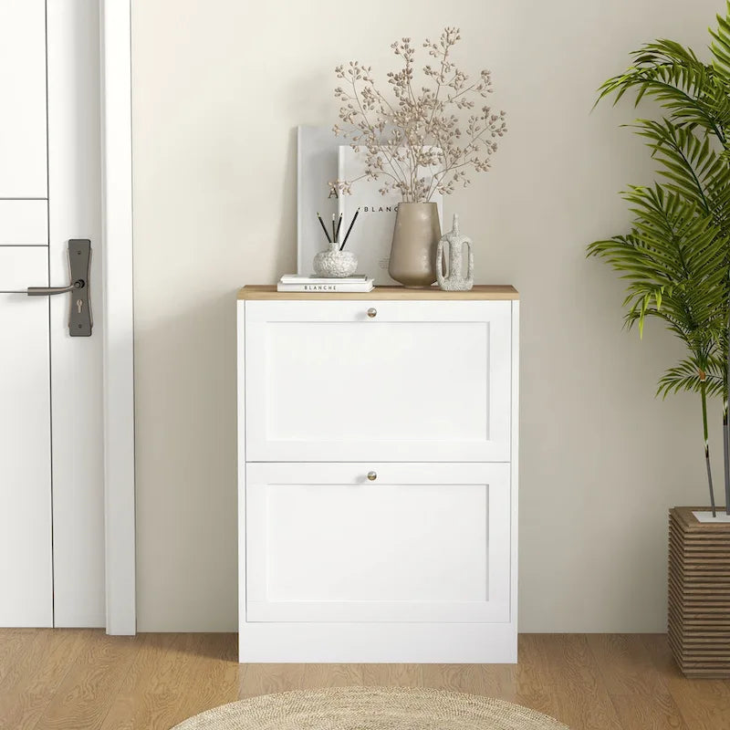 Slim Shoe Cabinet for Entryway, Hidden Shoe Storage Cabinet with 2 Flip Drawers and Adjustable Shelves for 12 Pairs of Shoes