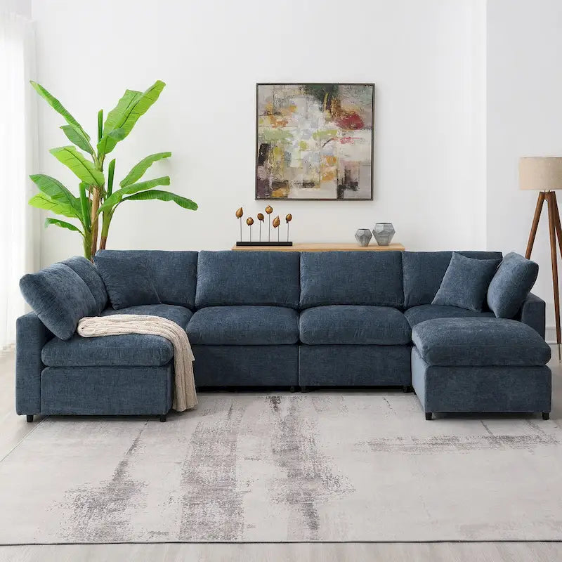 6 Seat Modern Modular Cloud Sofa Bed Chenille Sectional Couch Set with Ottoman