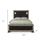 HomeRoots Black Faux Crystal Bling Wood And Upholstery Lighted Queen Bed Frame