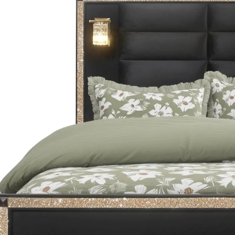 HomeRoots Black Faux Crystal Bling Wood And Upholstery Lighted Queen Bed Frame