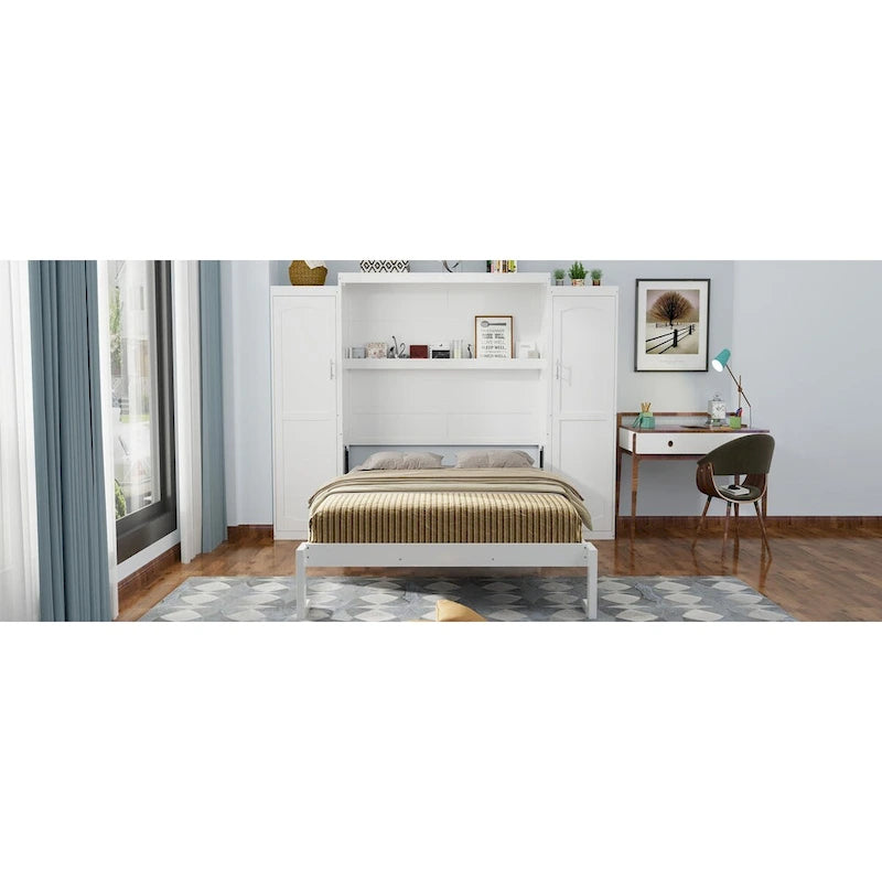 Queen Size Murphy Bed with Two Wardrobe and Storage Shelf