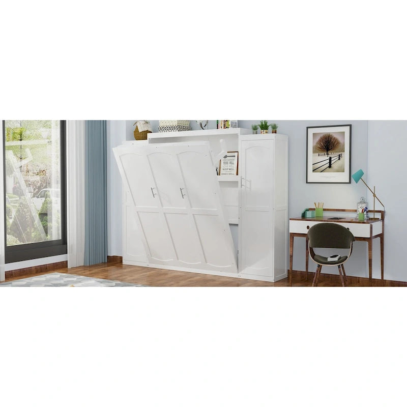 Queen Size Murphy Bed with Two Wardrobe and Storage Shelf