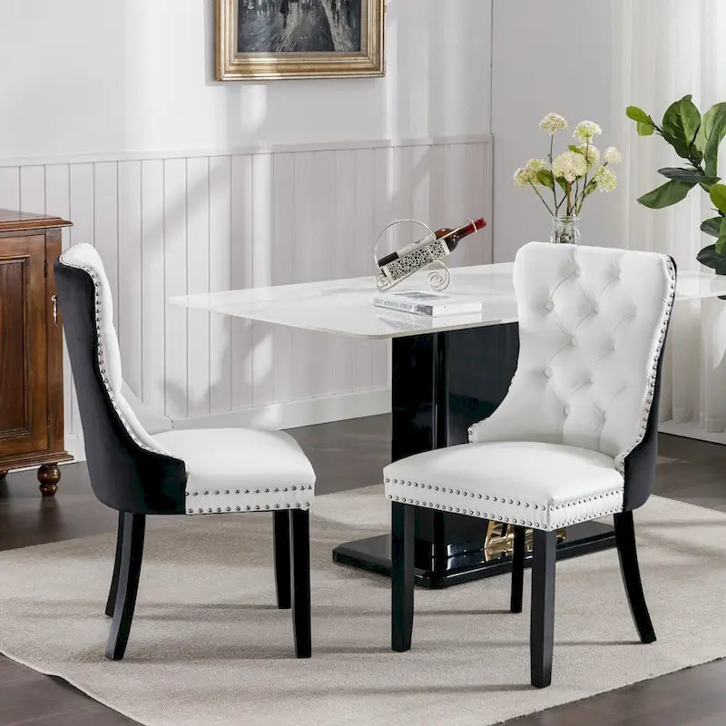 High Back Dining Chairs Set of 2, Upholstered PU Leather Kitchen Chairs Side Chair with Rear Handle Wood Legs