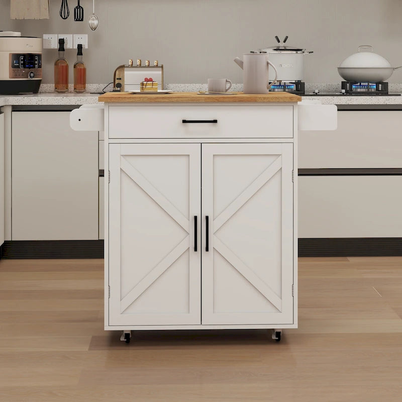 Kitchen Trolley Carts On Wheels Rolling Kitchen Island Cart W/Rubber-wood Countertop, With 1 Drawer 2 Doors, Towel Rack