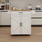 Kitchen Trolley Carts On Wheels Rolling Kitchen Island Cart W/Rubber-wood Countertop, With 1 Drawer 2 Doors, Towel Rack
