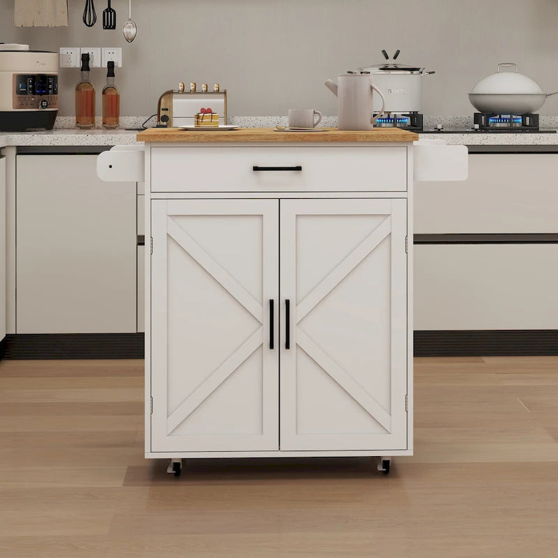 Kitchen Trolley Carts On Wheels Rolling Kitchen Island Cart W/Rubber-wood Countertop, With 1 Drawer 2 Doors, Towel Rack