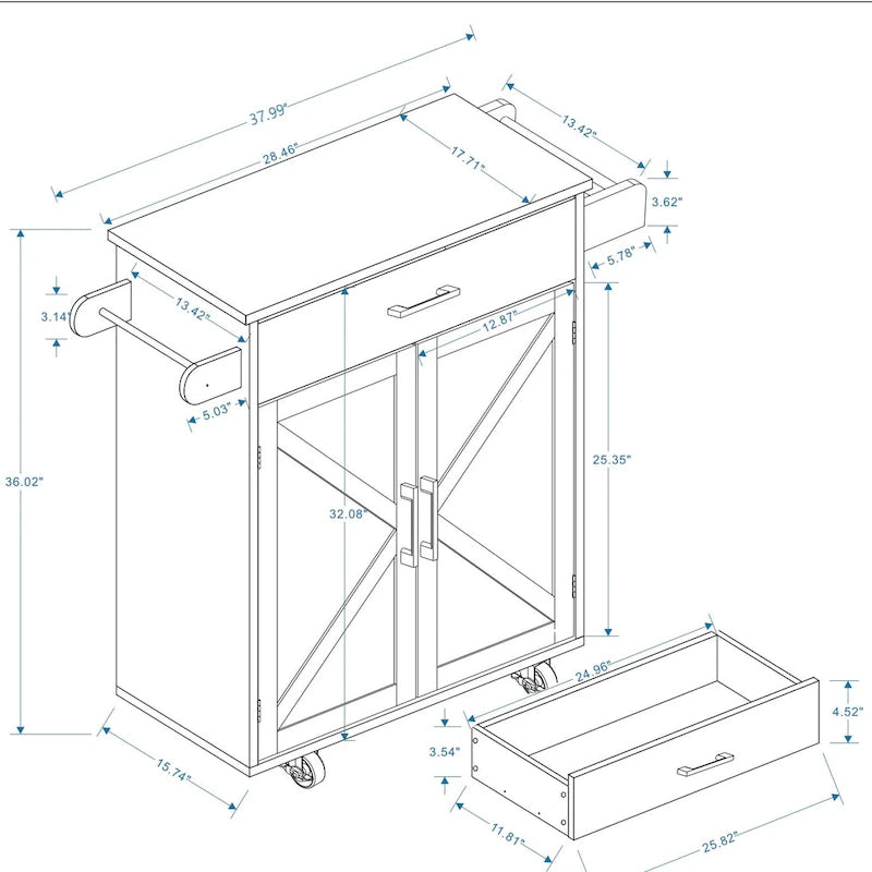 Kitchen Trolley Carts On Wheels Rolling Kitchen Island Cart W/Rubber-wood Countertop, With 1 Drawer 2 Doors, Towel Rack