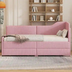 Twin Size L-Shaped Corduroy Daybed,Upholstered Bed Frame with 2 Storage Drawers, Beige