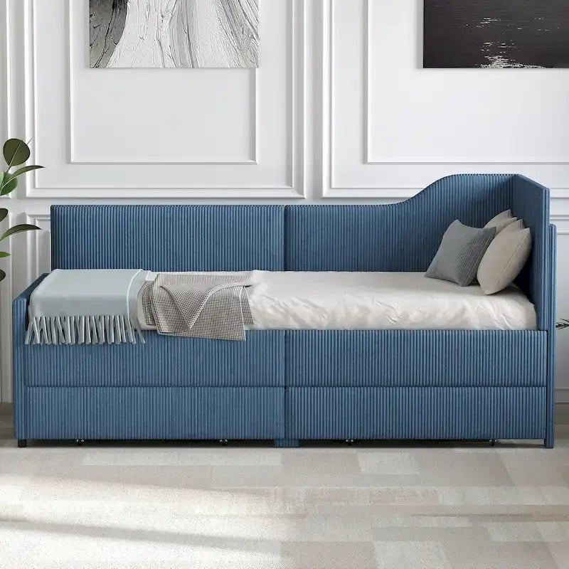 Twin Size L-Shaped Corduroy Daybed,Upholstered Bed Frame with 2 Storage Drawers, Beige