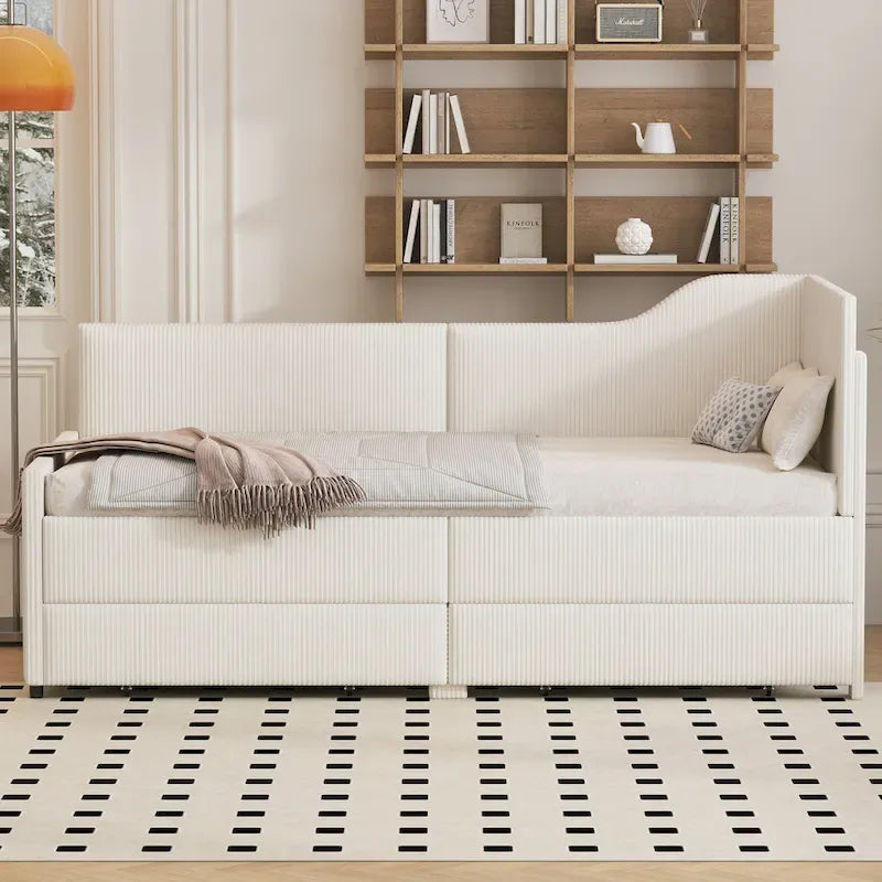 Twin Size L-Shaped Corduroy Daybed,Upholstered Bed Frame with 2 Storage Drawers, Beige