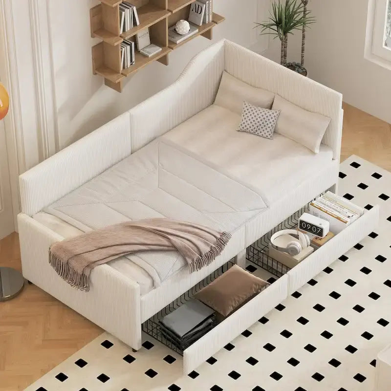 Twin Size L-Shaped Corduroy Daybed,Upholstered Bed Frame with 2 Storage Drawers, Beige