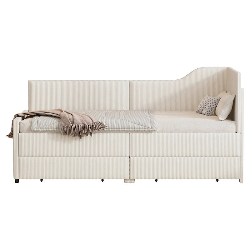 Twin Size L-Shaped Corduroy Daybed,Upholstered Bed Frame with 2 Storage Drawers, Beige