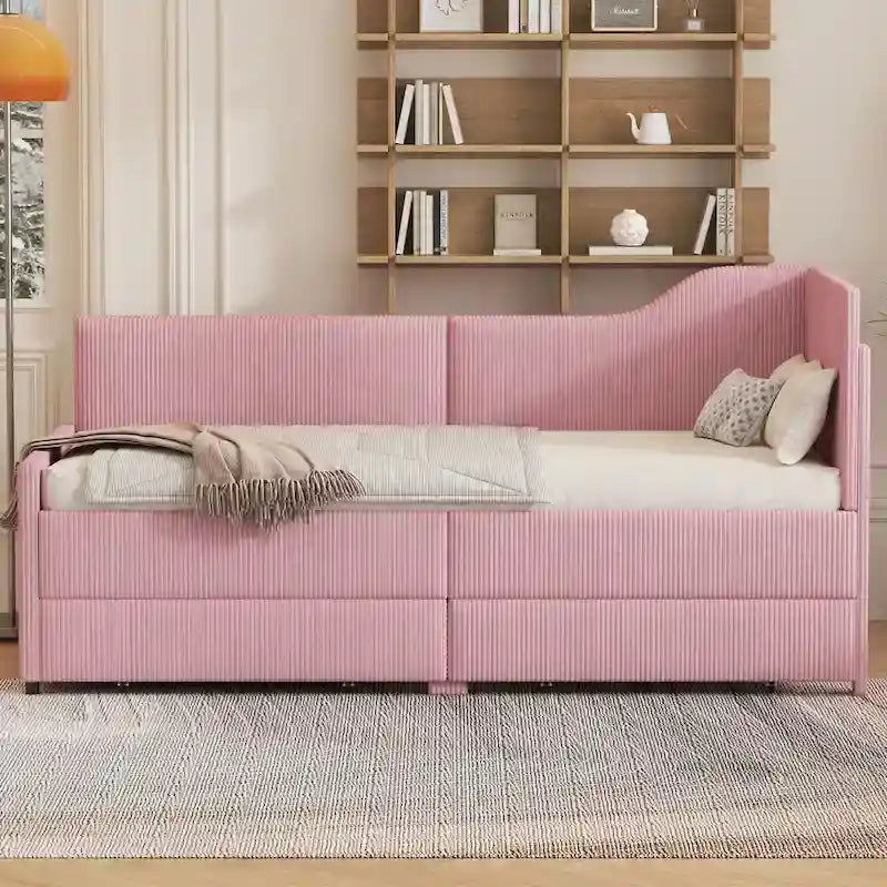 Twin Size L-Shaped Corduroy Daybed,Upholstered Bed Frame with 2 Storage Drawers, Beige