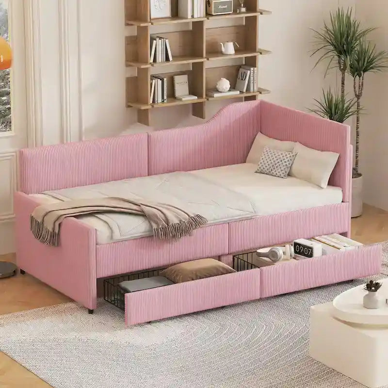 Twin Size L-Shaped Corduroy Daybed,Upholstered Bed Frame with 2 Storage Drawers, Beige