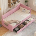 Twin Size L-Shaped Corduroy Daybed,Upholstered Bed Frame with 2 Storage Drawers, Beige