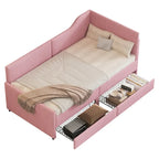 Twin Size L-Shaped Corduroy Daybed,Upholstered Bed Frame with 2 Storage Drawers, Beige