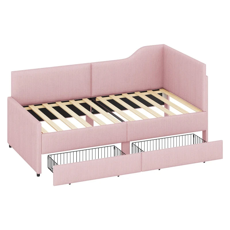 Twin Size L-Shaped Corduroy Daybed,Upholstered Bed Frame with 2 Storage Drawers, Beige