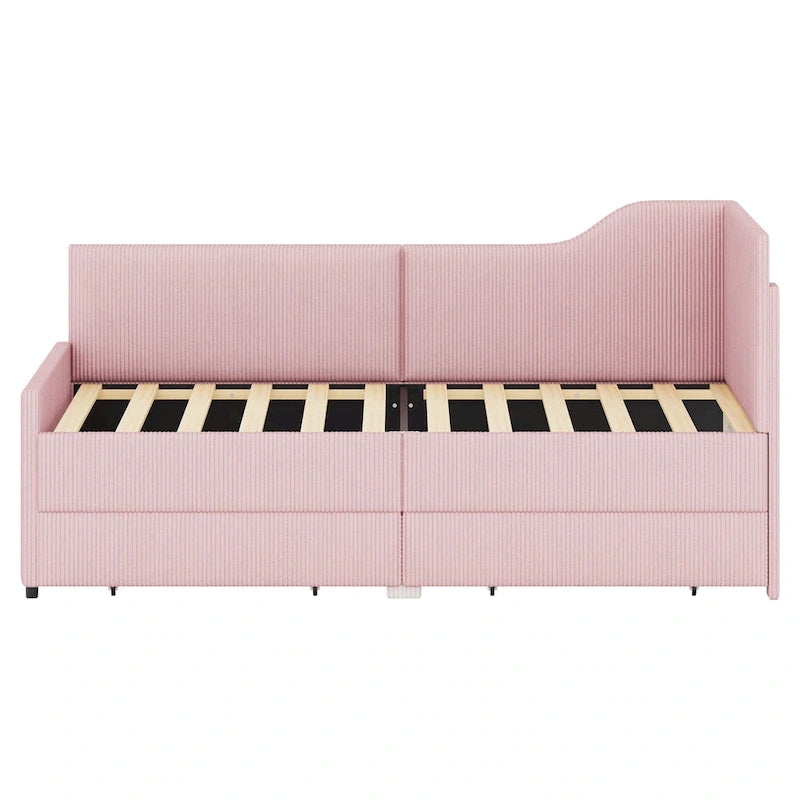 Twin Size L-Shaped Corduroy Daybed,Upholstered Bed Frame with 2 Storage Drawers, Beige