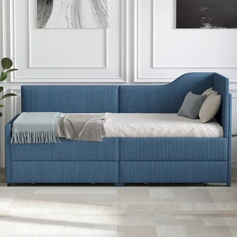 Twin Size L-Shaped Corduroy Daybed,Upholstered Bed Frame with 2 Storage Drawers, Beige
