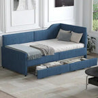 Twin Size L-Shaped Corduroy Daybed,Upholstered Bed Frame with 2 Storage Drawers, Beige