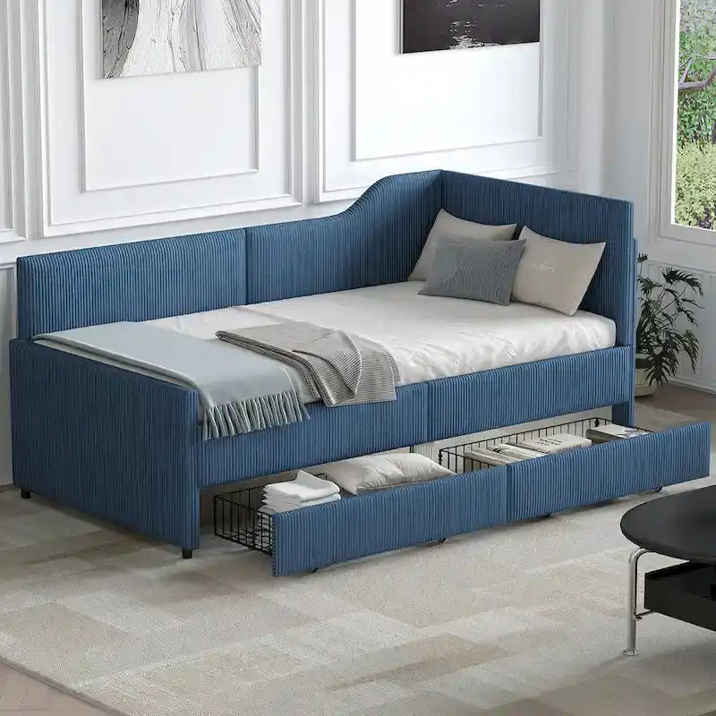 Twin Size L-Shaped Corduroy Daybed,Upholstered Bed Frame with 2 Storage Drawers, Beige