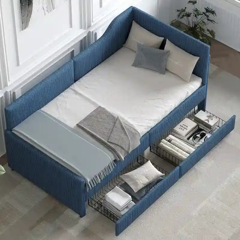 Twin Size L-Shaped Corduroy Daybed,Upholstered Bed Frame with 2 Storage Drawers, Beige