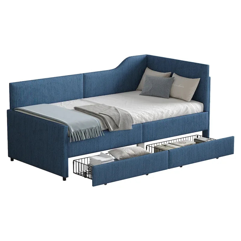 Twin Size L-Shaped Corduroy Daybed,Upholstered Bed Frame with 2 Storage Drawers, Beige
