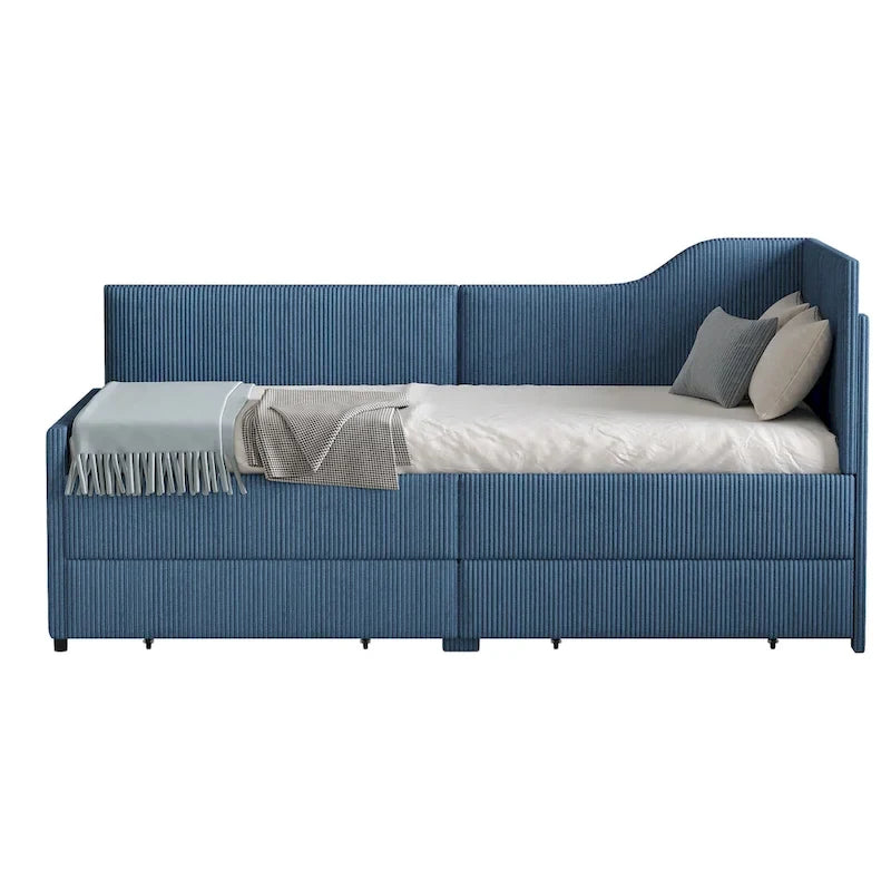 Twin Size L-Shaped Corduroy Daybed,Upholstered Bed Frame with 2 Storage Drawers, Beige