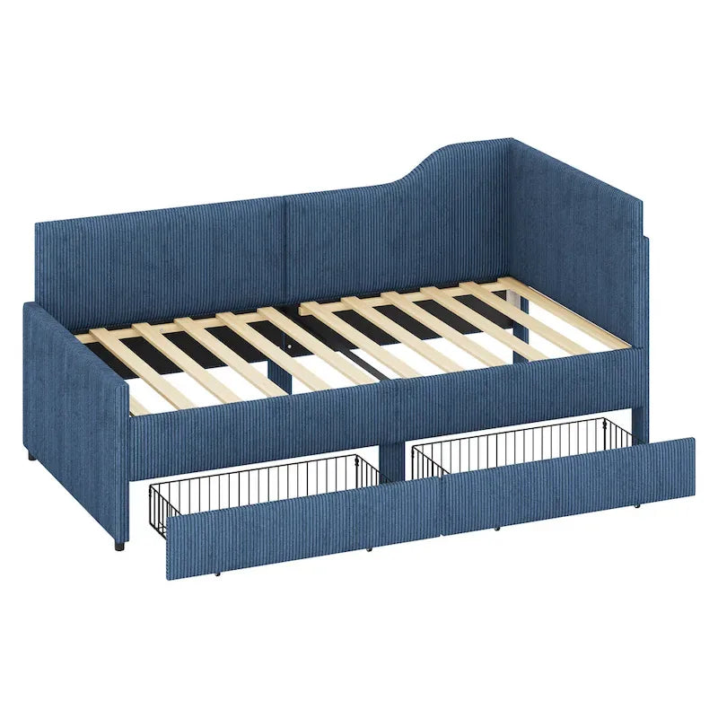 Twin Size L-Shaped Corduroy Daybed,Upholstered Bed Frame with 2 Storage Drawers, Beige