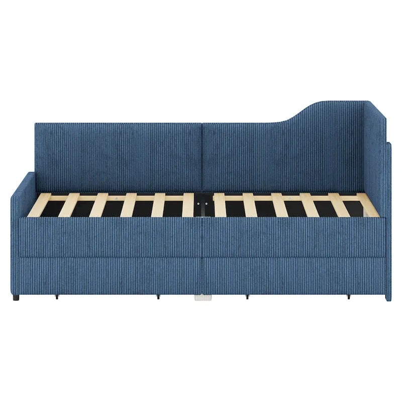 Twin Size L-Shaped Corduroy Daybed,Upholstered Bed Frame with 2 Storage Drawers, Beige