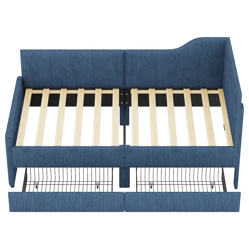 Twin Size L-Shaped Corduroy Daybed,Upholstered Bed Frame with 2 Storage Drawers, Beige