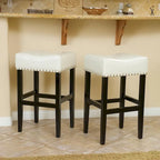 Roomfitters 30 Backless Leather Counter Stools, Set of 2 Upholstered Bar Height Chairs with Wood Frame, Ivory
