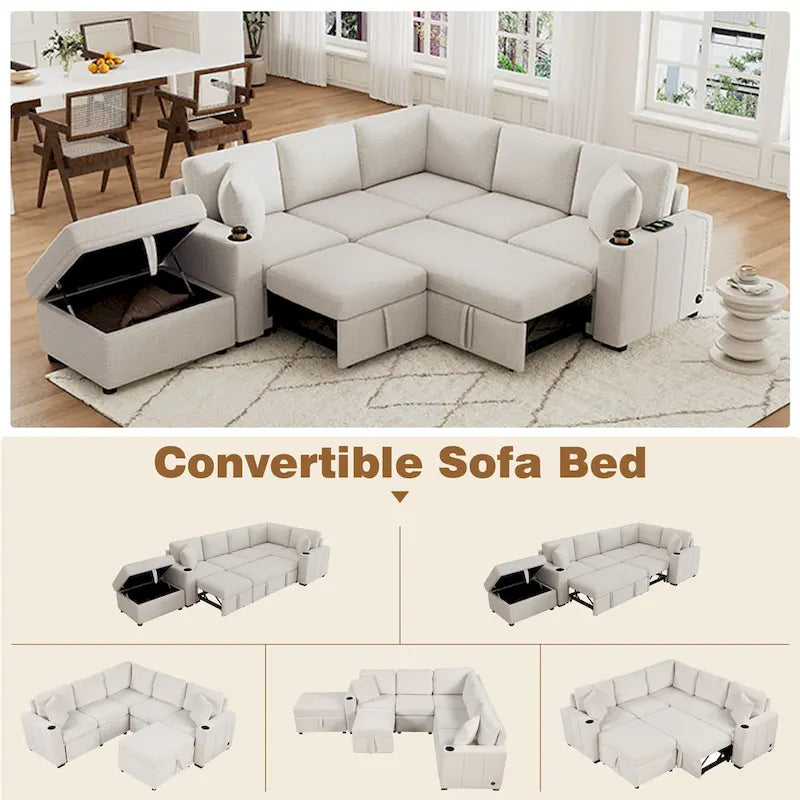 84.7 Chenille Sleeper Sectional Sofa with Storage & USB Ports
