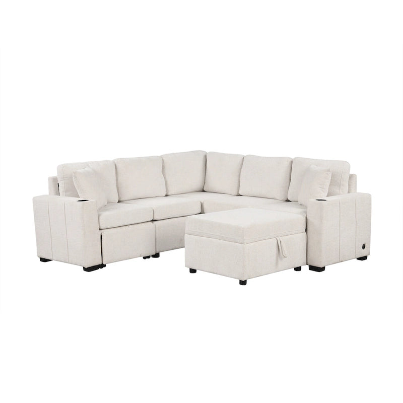 84.7 Chenille Sleeper Sectional Sofa with Storage & USB Ports