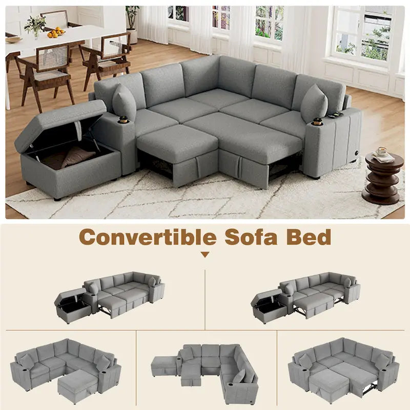 84.7 Chenille Sleeper Sectional Sofa with Storage & USB Ports