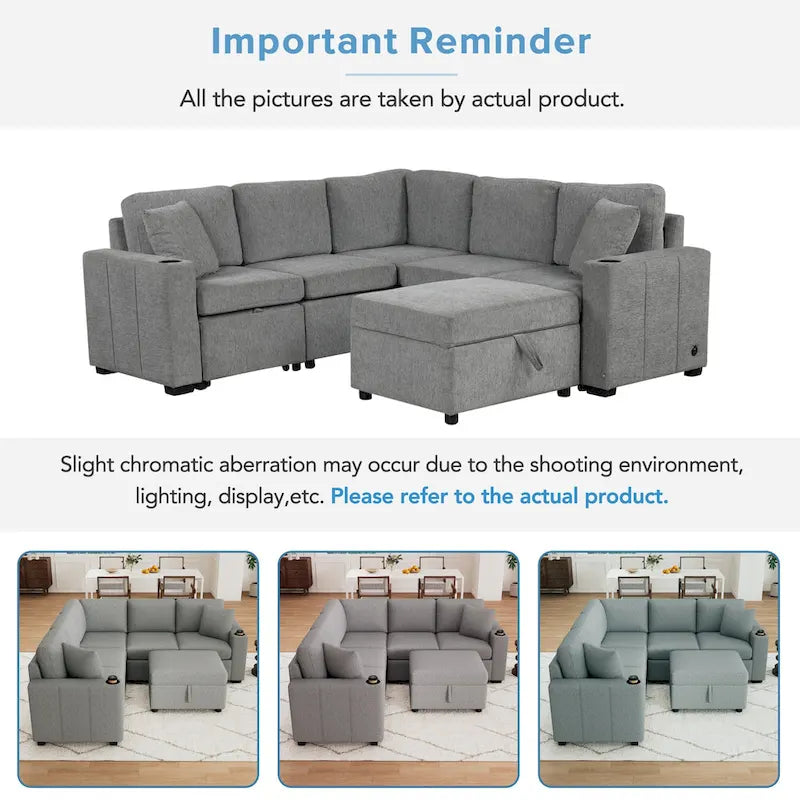 84.7 Chenille Sleeper Sectional Sofa with Storage & USB Ports