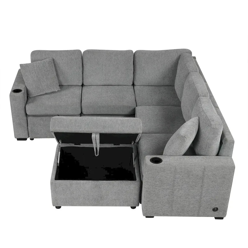 84.7 Chenille Sleeper Sectional Sofa with Storage & USB Ports