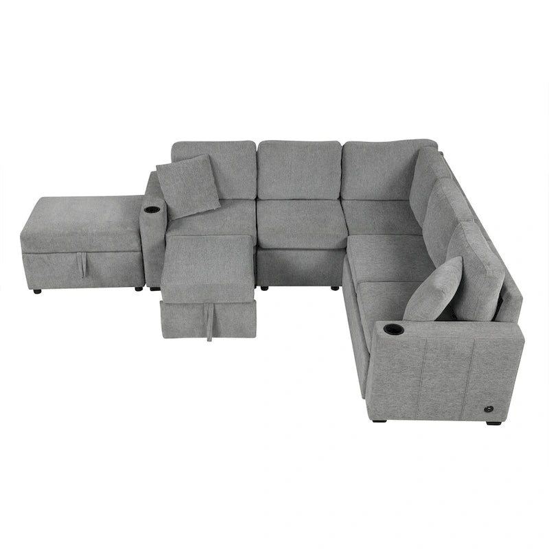 84.7 Chenille Sleeper Sectional Sofa with Storage & USB Ports