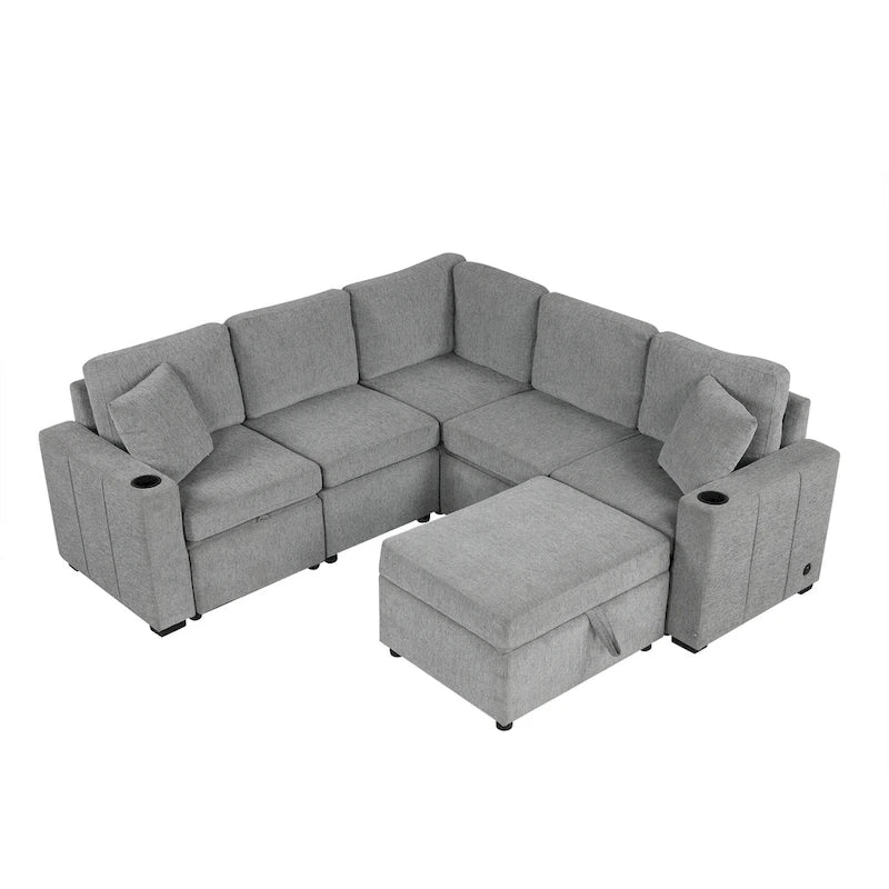 84.7 Chenille Sleeper Sectional Sofa with Storage & USB Ports
