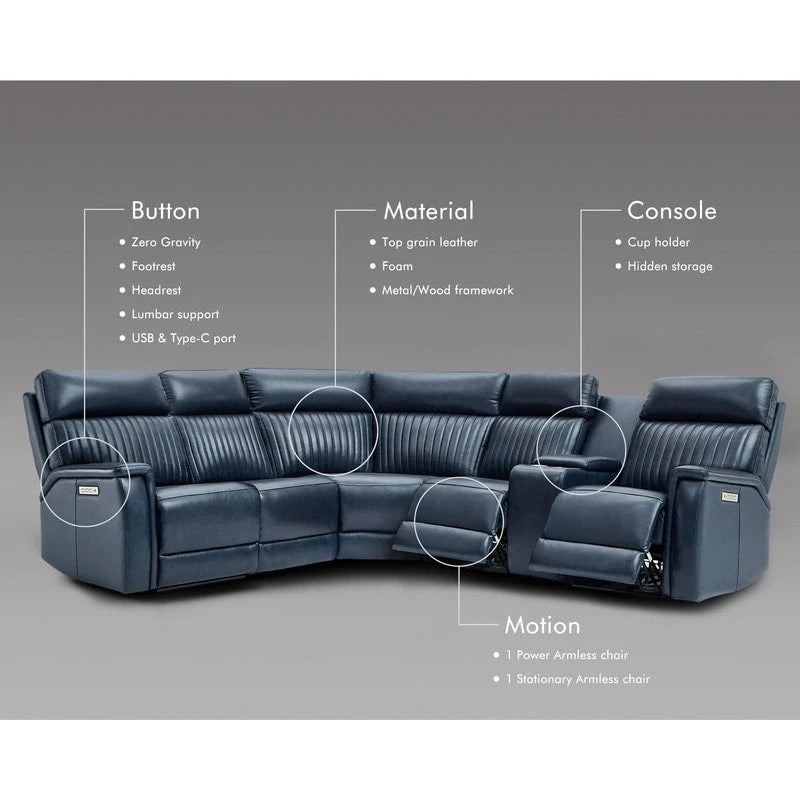 Genuine Leather Power Recliner Sectional Sofa with Console, Ajustable Headrest, USB&USB-C Port, 1 Power Armlesschair