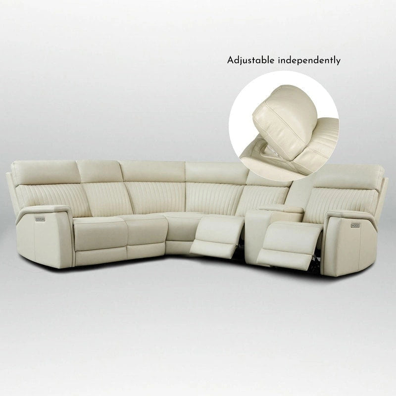 Genuine Leather Power Recliner Sectional Sofa with Console, Ajustable Headrest, USB&USB-C Port, 1 Power Armlesschair