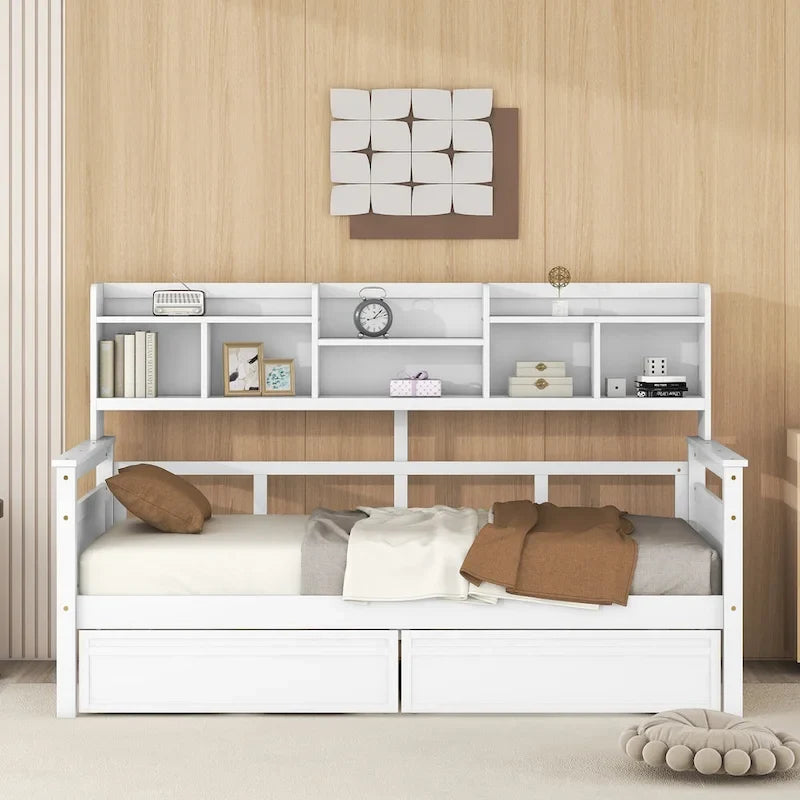 Twin Daybed with Storage Drawers & Shelves, Solid Wood Frame
